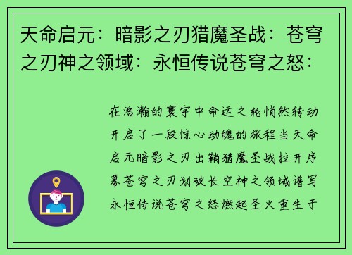 天命启元：暗影之刃猎魔圣战：苍穹之刃神之领域：永恒传说苍穹之怒：圣火重生末日曙光：黎明之刃